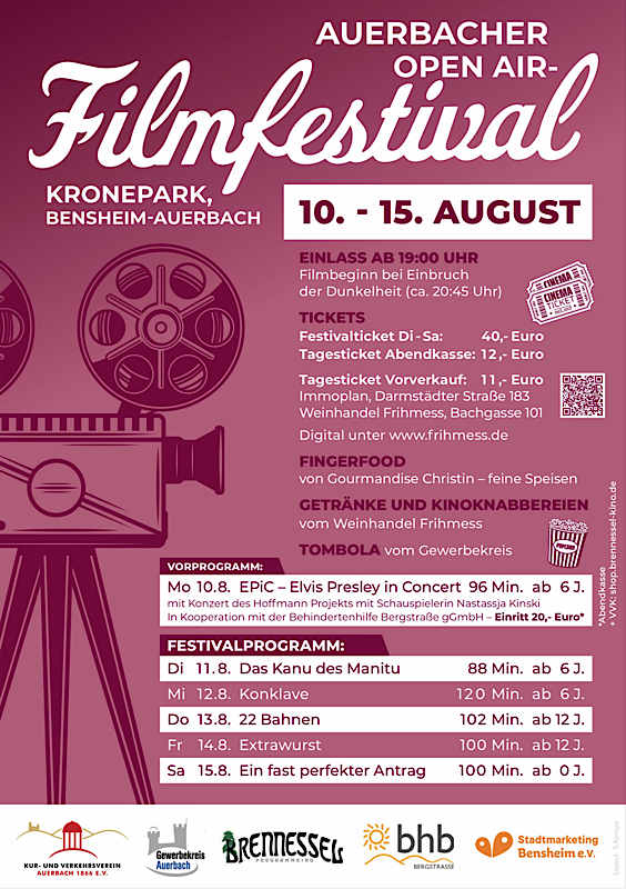 Auerbacher Open Air Filmfestival vom 10.8.-15.8. im Kronepark
